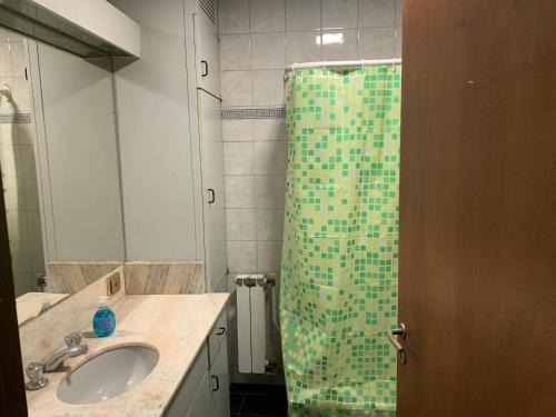 门多萨Hostel la Embajada的一间带绿色淋浴和水槽的浴室