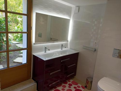 拉波勒Petite maison proche de la mer的一间带水槽、镜子和卫生间的浴室