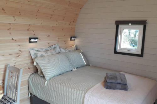 朗塞斯顿Hornbeam Luxury Eco Pod at Trewithen Farm Glamping的小房间设有床和窗户