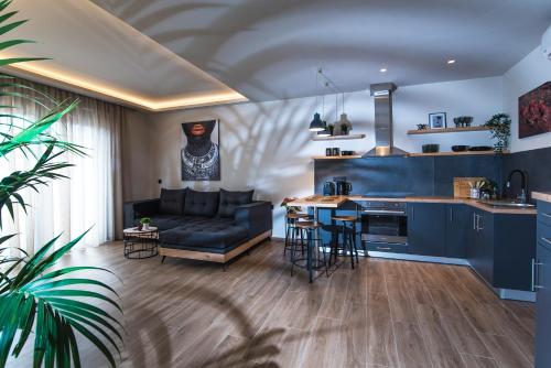 玛利亚Nuovo Luxury Suite的厨房以及带沙发和桌子的客厅。