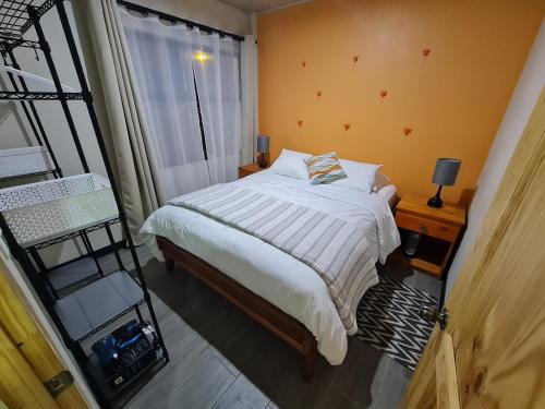 圣何塞Fully-equipped 2-bedroom apartment in San José的一间卧室设有一张床、梯子和窗户