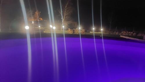 普热谢卡Domek nad Czerwienią的享有泳池的夜间美景,配有灯光