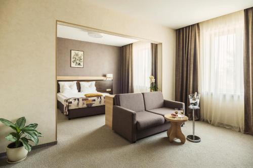 鲁塞多瑙河大酒店 的酒店客房带椅子和床