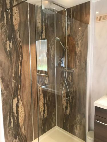 罗厄德南Lomond Lodge的浴室里设有玻璃门淋浴