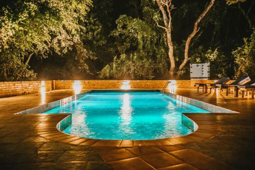 Kwangwazi塞卢斯金甲山林小屋的夜间后院的游泳池
