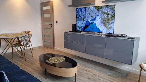 斯武普斯克Galaxy Apartments的客厅配有大屏幕电视
