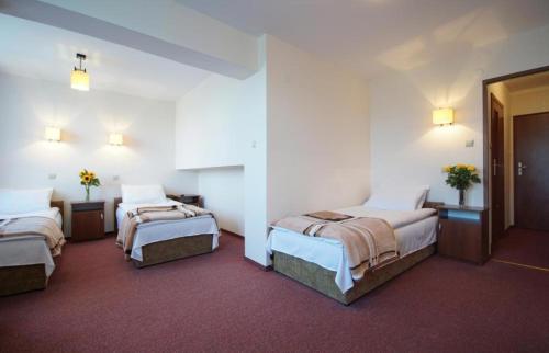 Zajazd Trzy Dęby的一间酒店客房,房间内设有两张床