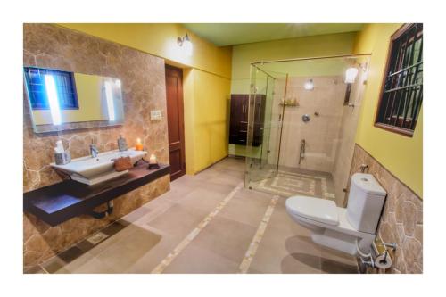 钦奈Costa Verde Luxury Seafront Villa的浴室配有卫生间、盥洗盆和淋浴。