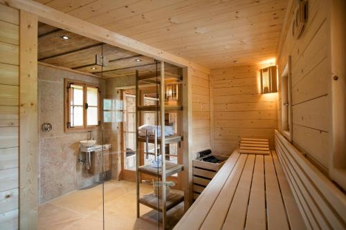 阿尔陶塞Villa Rosen der Villa Liechtenstein的一间带木墙和玻璃淋浴间的桑拿浴室