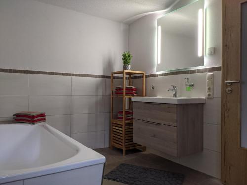 巴特戈特洛伊巴Ferienwohnung Aus-Zeit auf dem Lande的一间带水槽、浴缸和镜子的浴室