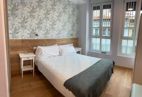 潘普洛纳阿罗哈旅馆的一间卧室配有一张床、一张桌子和两个窗户