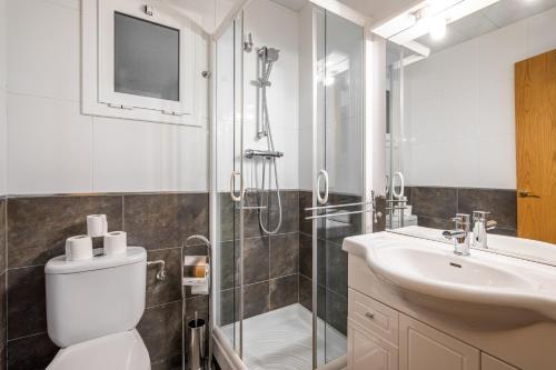 巴塞罗那Flat Meridiana的带淋浴、卫生间和盥洗盆的浴室
