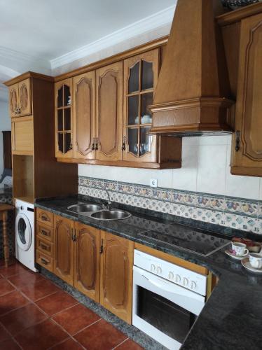 塞特尼尔Casa Rural Moreno的厨房配有木制橱柜、水槽和炉灶。