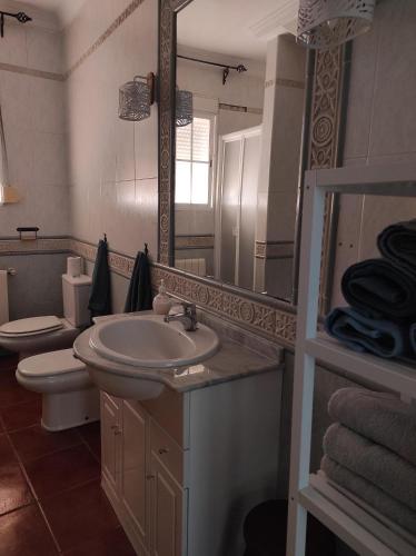 塞特尼尔Casa Rural Moreno的一间带水槽、卫生间和镜子的浴室