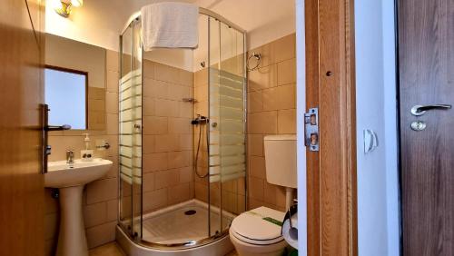 哈采格MOTEL PRISLOP的带淋浴、卫生间和盥洗盆的浴室