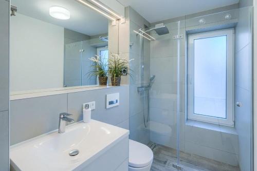 沙博伊茨Strandallee 100 Brandungsnest的一间带水槽、卫生间和镜子的浴室