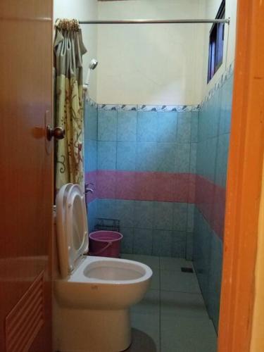 阿拉米诺斯Zeny Milanes Hundred Islands Transient House的一间带卫生间和色彩缤纷淋浴的浴室