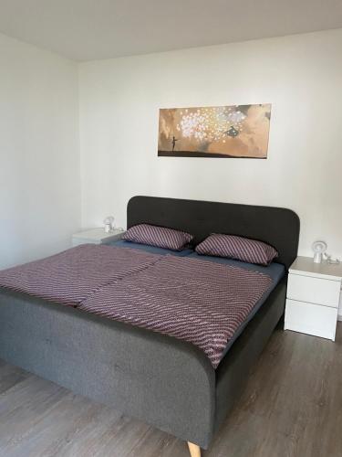 巴特罗森菲尔德Schöne 3 Zimmer Wohnung Mitten in Bad Rothenfelde!的一间卧室配有一张大床和两个枕头