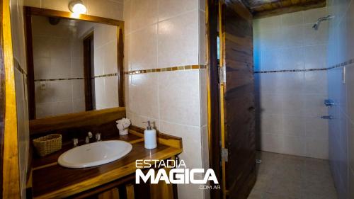圣拉斐尔Quinta Jensen的一间带水槽、镜子和淋浴的浴室