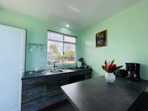 波拉波拉Matira Beach Bungalow Waterfront的厨房设有水槽和窗户。