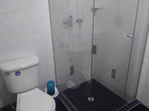 波哥大Habitación con baño privado cerca al aeropuerto的浴室设有玻璃淋浴间和卫生间