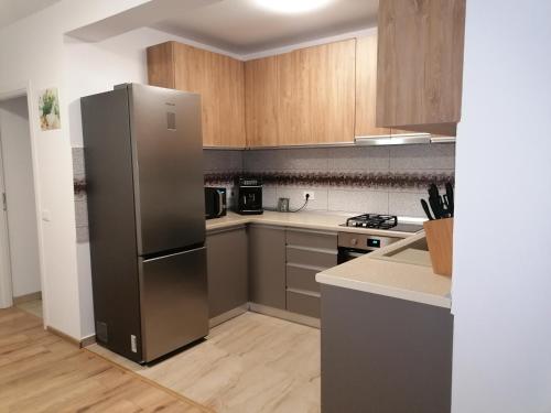 NiculiţelAgropensiunea Vila Cristina的厨房配有不锈钢冰箱和木制橱柜