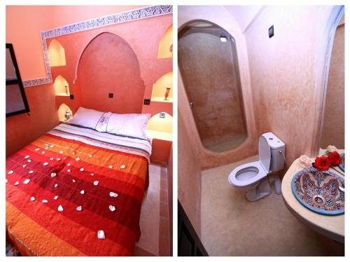 伊姆利尔Atlas Mazik Lodge mountain views的卧室两张照片,配有一张床和一个水槽