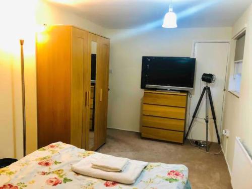 卢顿Private room 4-5 minutes drive to Luton Airport的一间卧室配有一张床、一台电视和一个梳妆台