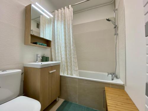 圣拉里苏朗Suite au pied des pistes - Pla d'Adet的浴室配有卫生间、浴缸和水槽。