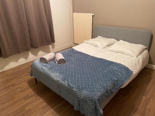 Saint EtienneBel appartement composé de deux chambres的一张带蓝色毯子的床和两张拖鞋