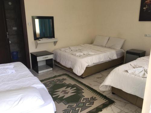 帕莫卡莱shah sultan Ozturk Hotel的一间卧室配有两张床和镜子