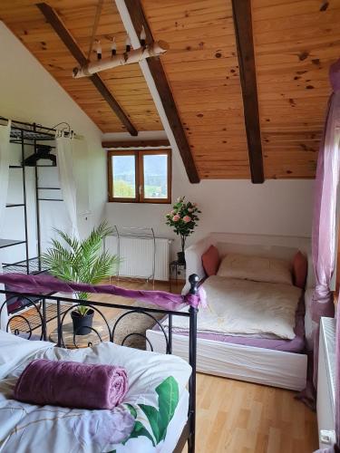 TavannesGîte de la Motte的客房设有两张床、一张桌子和一张沙发。