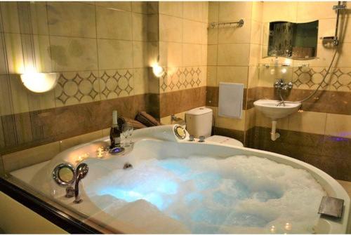 斯维什托夫Хотел Дунав Свищов的一间带卫生间和水槽的浴缸的浴室
