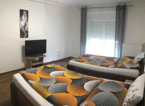 维也纳新城Nina Apartment的客厅配有两张床和一台平面电视