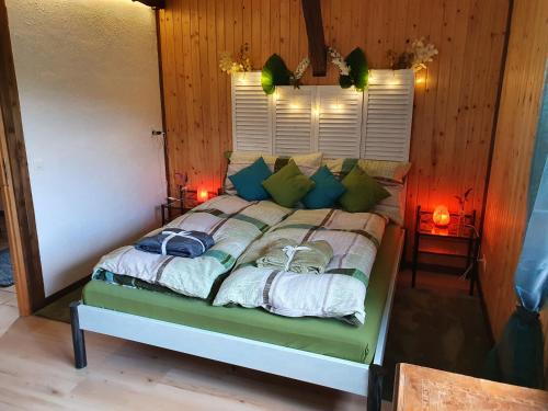 TavannesGîte de la Motte的一间卧室配有一张带绿色枕头的床和一扇窗户
