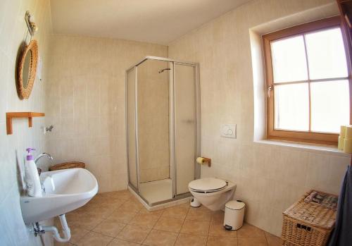 圣莱奥纳尔多因帕西里亚Almgasthaus Flecknerhütte的带淋浴、卫生间和盥洗盆的浴室