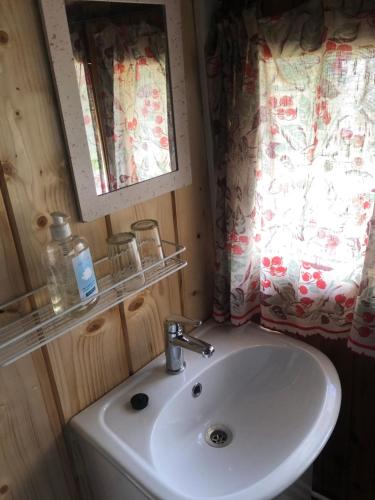 Väike-RakkeVedru Puhketalu的一间带水槽和镜子的浴室以及窗户。