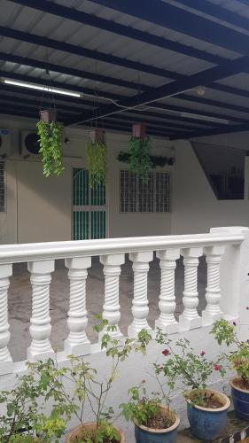 怡保12-15 Pax Ssue Silibin Ipoh Guest House-Homestay的建筑上用盆栽的白色栏杆