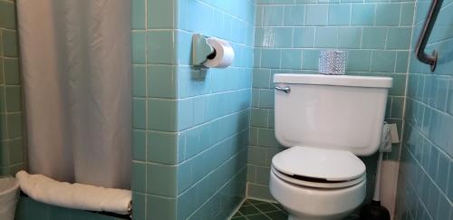 温泉城The Happy Hollow的蓝色瓷砖浴室设有卫生间和淋浴。