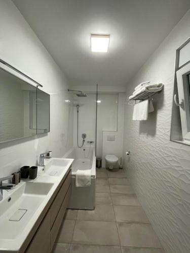 比比涅Luxury Apartment 1 Villa Arta的一间带两个盥洗盆、淋浴和卫生间的浴室