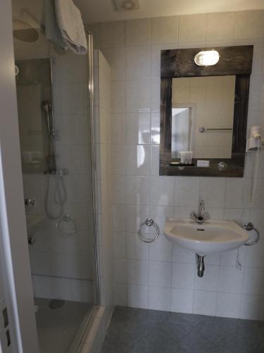 NieuwkoopHotel Zuideinde的一间带水槽、淋浴和镜子的浴室