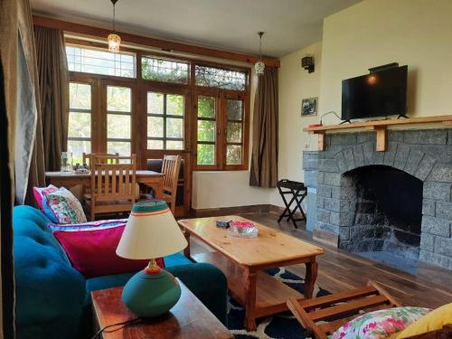 马拉里Cliffer Cottage: Make Mountains Memorable!的带沙发和壁炉的客厅