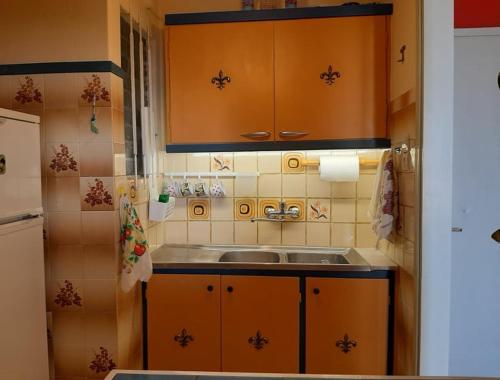 马尔马里Μαγευτικο ηλιβασιλεμα Μαρμαρι Ευβοιας的厨房配有橙色橱柜和水槽