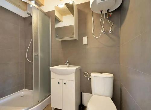 波别罗沃Kolorowe Domki的浴室配有卫生间、盥洗盆和淋浴。