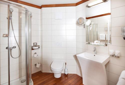 弗里堡Mercure Fribourg Centre Remparts的浴室配有卫生间、盥洗盆和淋浴。