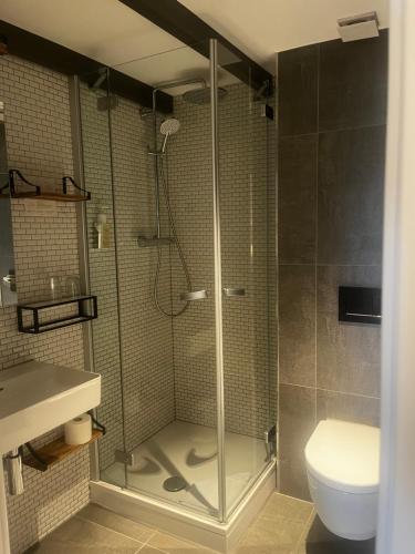 安娜贝格-布赫霍尔茨普和贝格贝格酒店的浴室里设有玻璃门淋浴