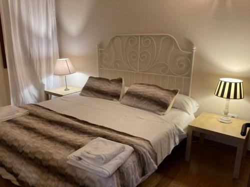 伊斯卡日拉Apartamento un dormitorio Los Altos de Escarrilla, FORMIGAL-PANTICOSA的一间卧室配有一张大床、两张桌子和两盏灯。