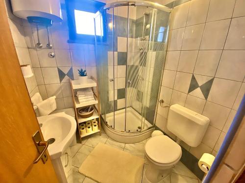 奥米沙利ELA i GABI的带淋浴、卫生间和盥洗盆的浴室