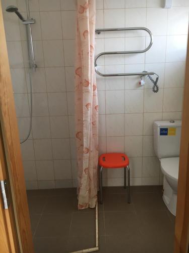 帕兰加ATOSTOGAUTI GERA的带淋浴和红色凳子的浴室