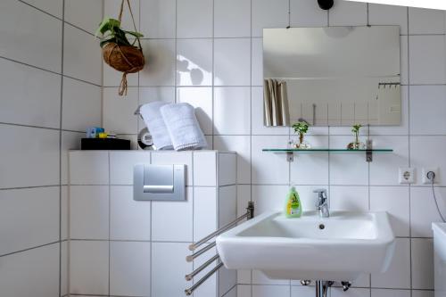 卡尔斯鲁厄Studio Fayence - EMMA, Netflix, WiFi, Workspace的白色的浴室设有水槽和镜子